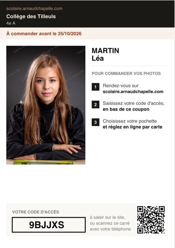 Le coupon d'accès d'un élève : sa photo, son nom, sa classe, la date limite et son code